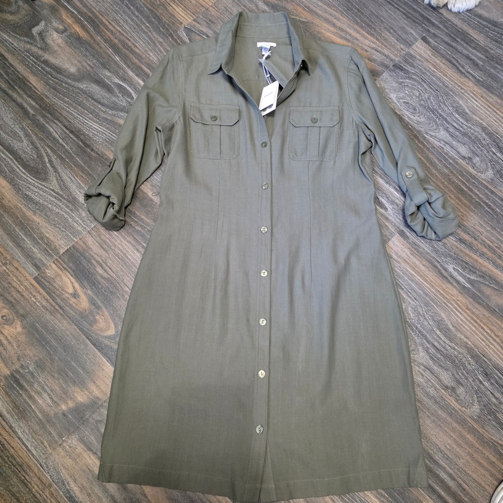 Chicos Heidi Herringbone Silk Cotton Shirt Dress Green Fatigue 0.5 Small NEW